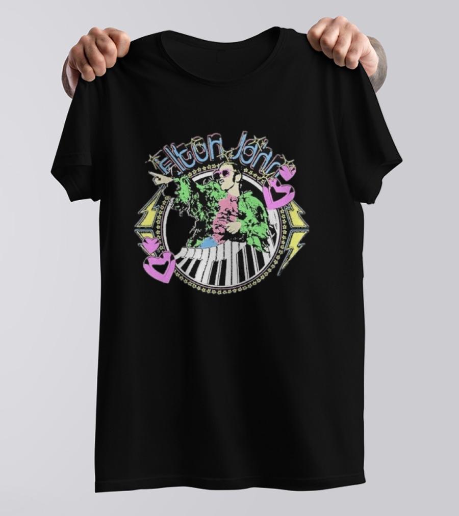 Elton John Distressed Colorful Piano And Hearts T-Shirt