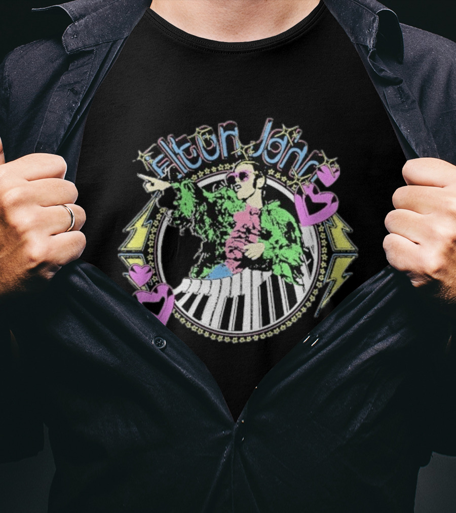 Elton John Distressed Colorful Piano And Hearts T-Shirt