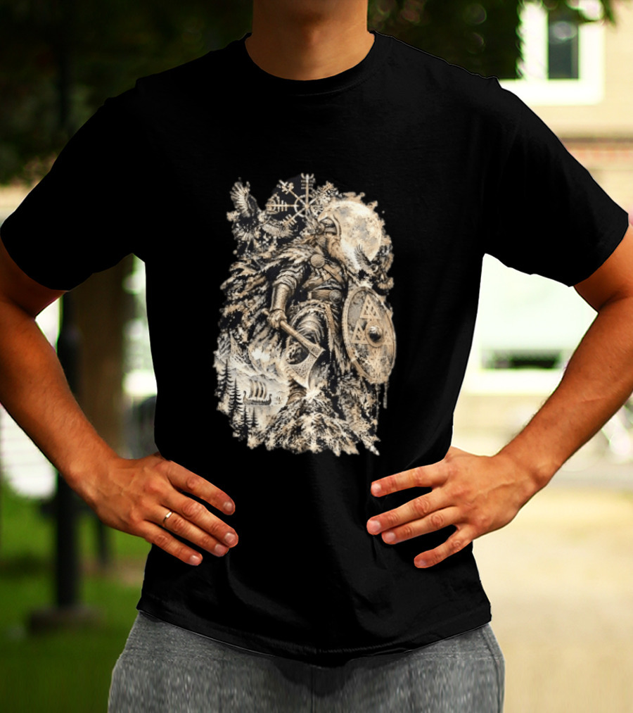 Norse God Viking Warrior Axe Valknut Symbol Raven Longship T-Shirt