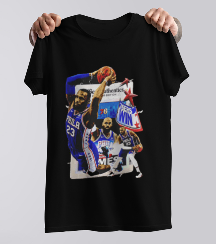 Philadelphia 76ers Lebron James Dunking Collage 76ers Win Edition T-Shirt