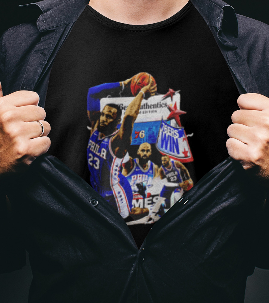 Philadelphia 76ers Lebron James Dunking Collage 76ers Win Edition T-Shirt
