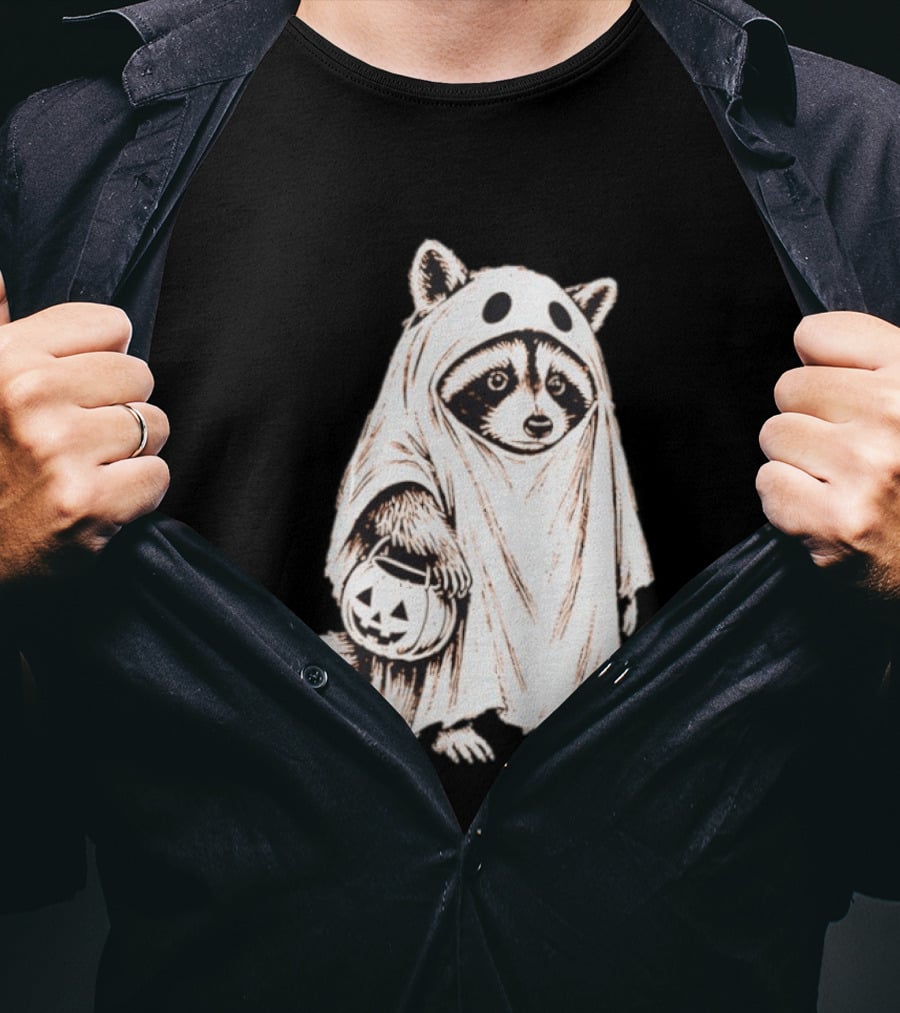 Raccoon Ghost Holding Pumpkin Bucket Halloween 2026 T-Shirt