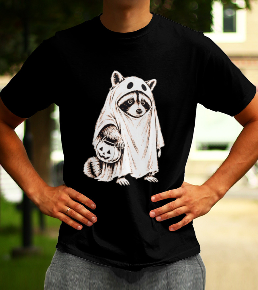 Raccoon Ghost Holding Pumpkin Bucket Halloween 2026 T-Shirt