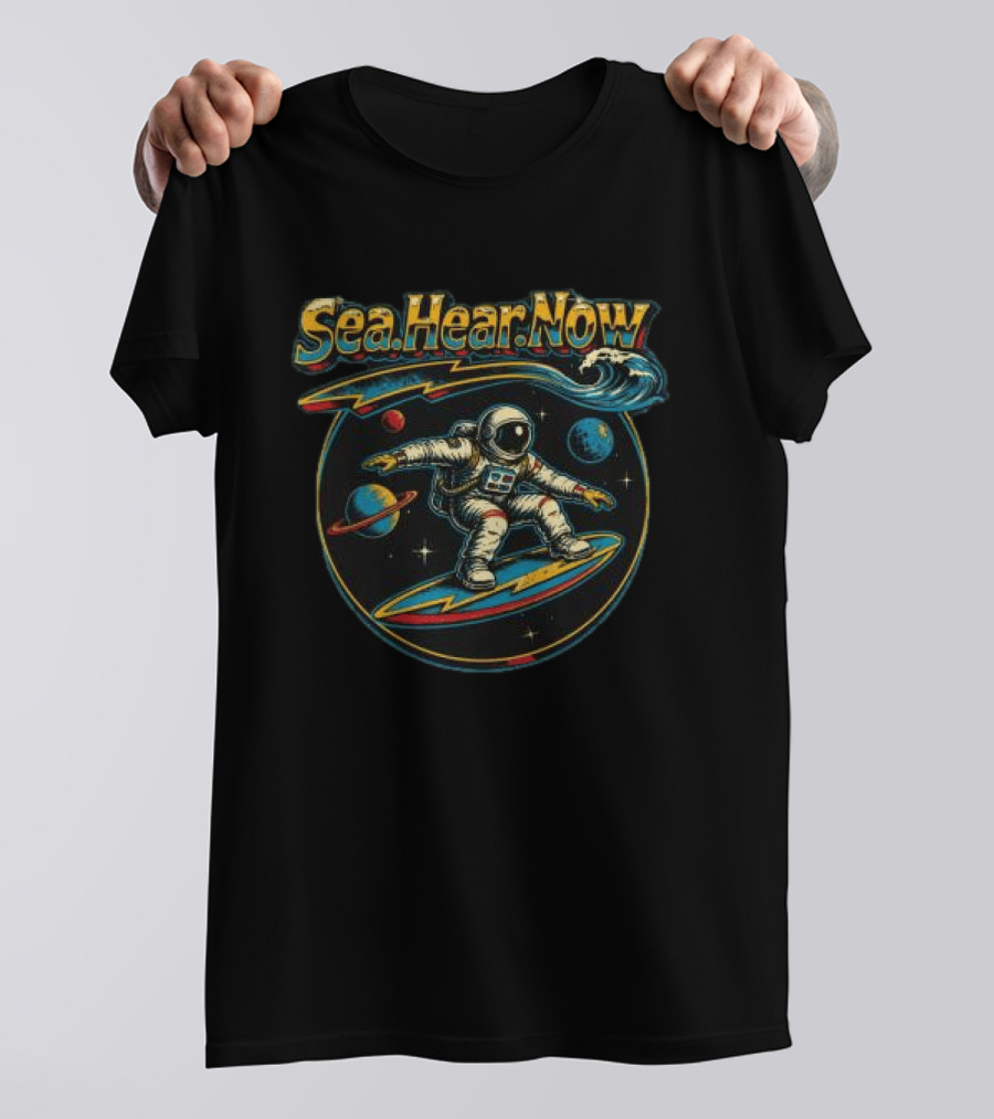 Sea Hear Now Astronaut Surfing Planets Lineup T-Shirt