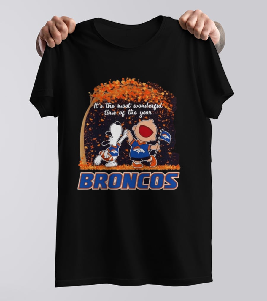 Snoopy And Charlie Brown Celebrating Denver Broncos It's The Most Wonderful Time Of The Year T-Shirt