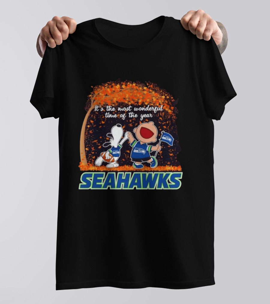 Snoopy And Charlie Brown Dancing Seattle Seahawks The Most Wonderful Time Of The Year T-Shirt