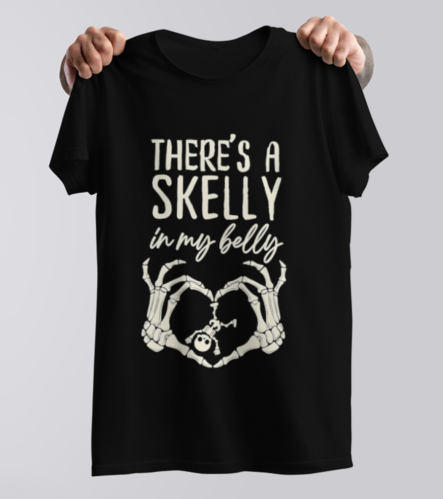 There's A Skelly In My Belly Skeleton Heart Hands Halloween Maternity T-Shirt