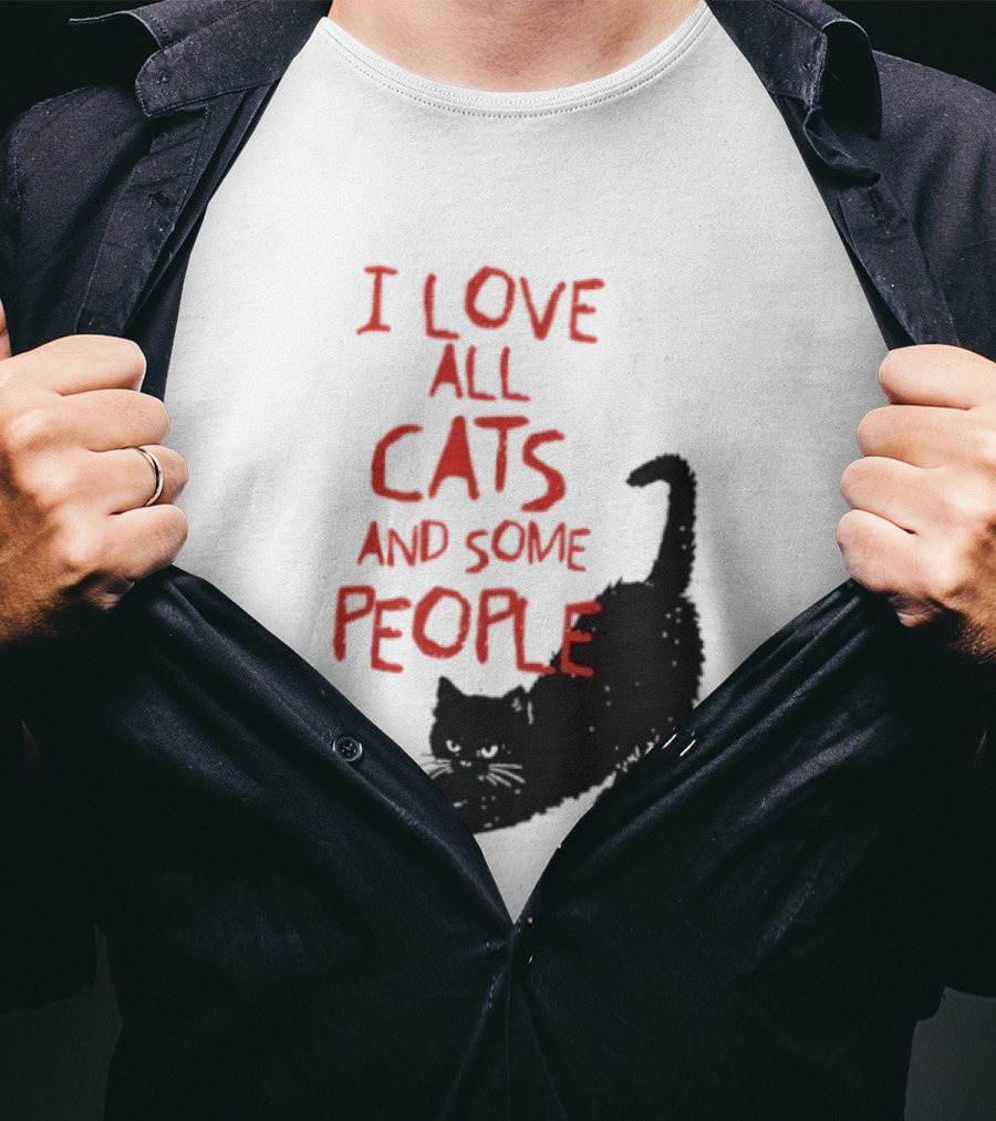 I Love All Cats And Some People Funny Cat Lovers Stretching Black Cat T-Shirt