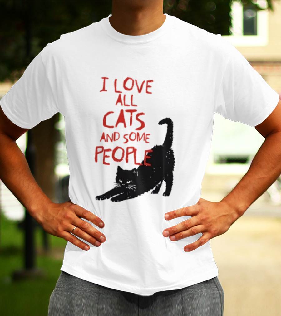 I Love All Cats And Some People Funny Cat Lovers Stretching Black Cat T-Shirt
