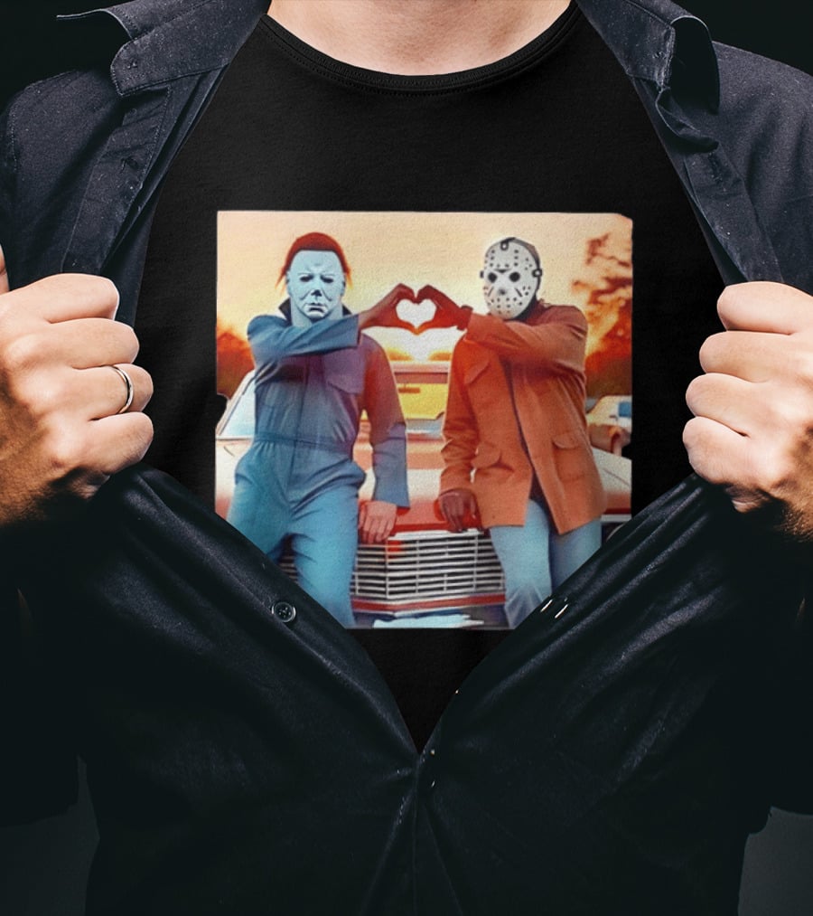 Jason Voorhees Michael Myers Heart Sign Halloween Retro Car Sunset T-Shirt