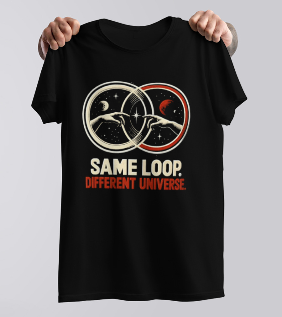 Same Loop Different Universe Intersecting Circles Two Hands Touching Lunar And Starry Night T-Shirt