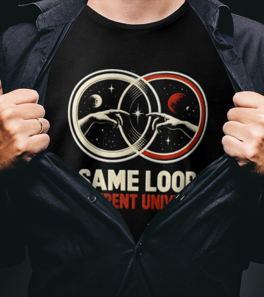 Same Loop Different Universe Intersecting Circles Two Hands Touching Lunar And Starry Night T-Shirt