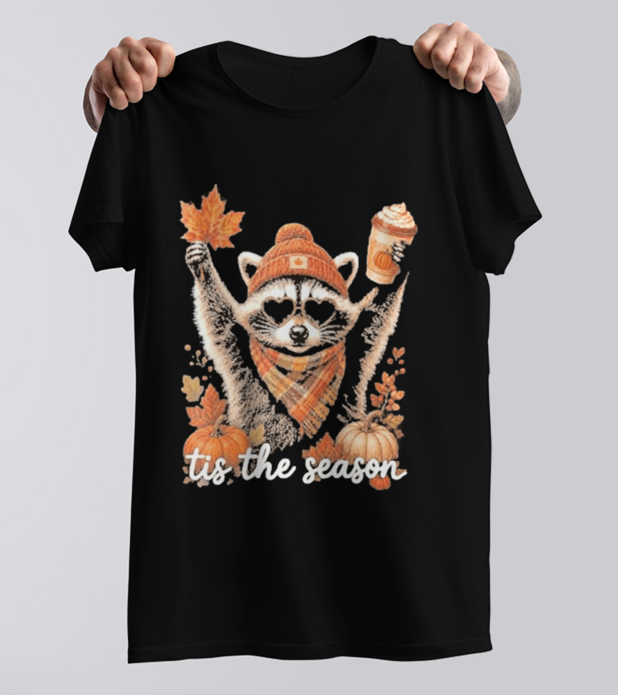 Tis The Season Raccoon With Fall Pumpkin Coffee And Autumn Leaves T-Shirt