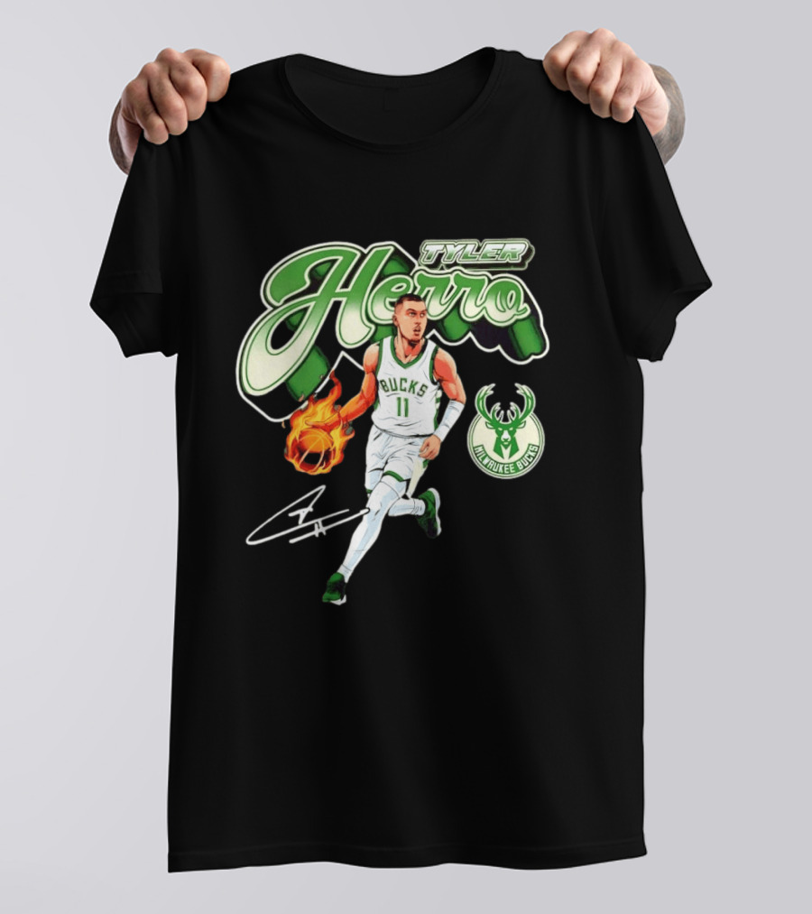 Tyler Herro Milwaukee Bucks Basketball Fireball Cursive Script T-Shirt