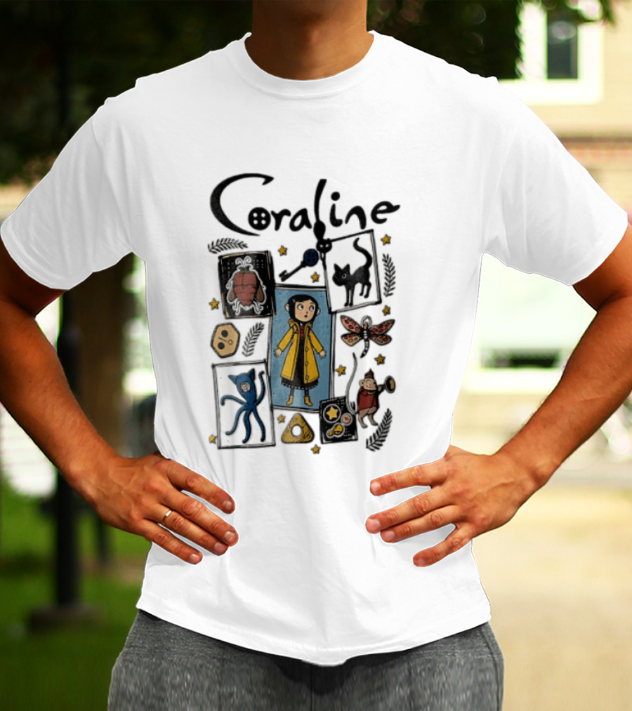 Coraline In Yellow Raincoat With Black Cat And Stars With Button Eyes T-Shirt