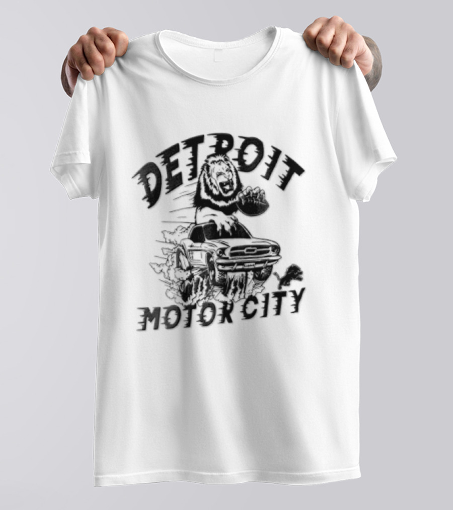 Detroit Lions Motor City Lion Holding Football Driving Car T-Shirt