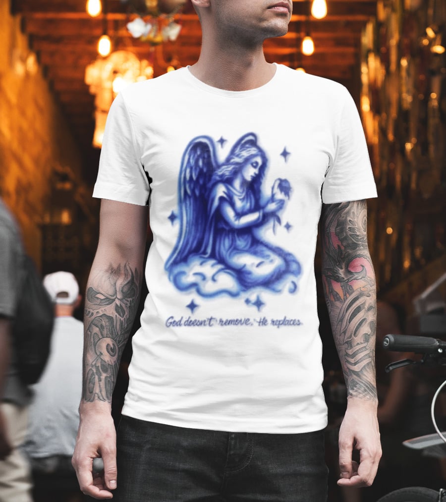 Angel Kneeling On Cloud Holding Flower God Does Not Remove He Replaces T-Shirt