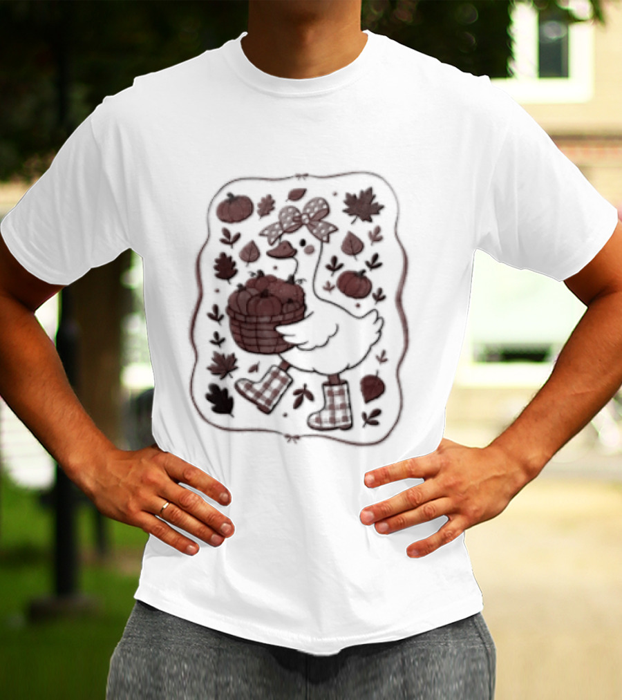Goose Bow Rain Boots Basket Pumpkins Autumn Leaves T-Shirt