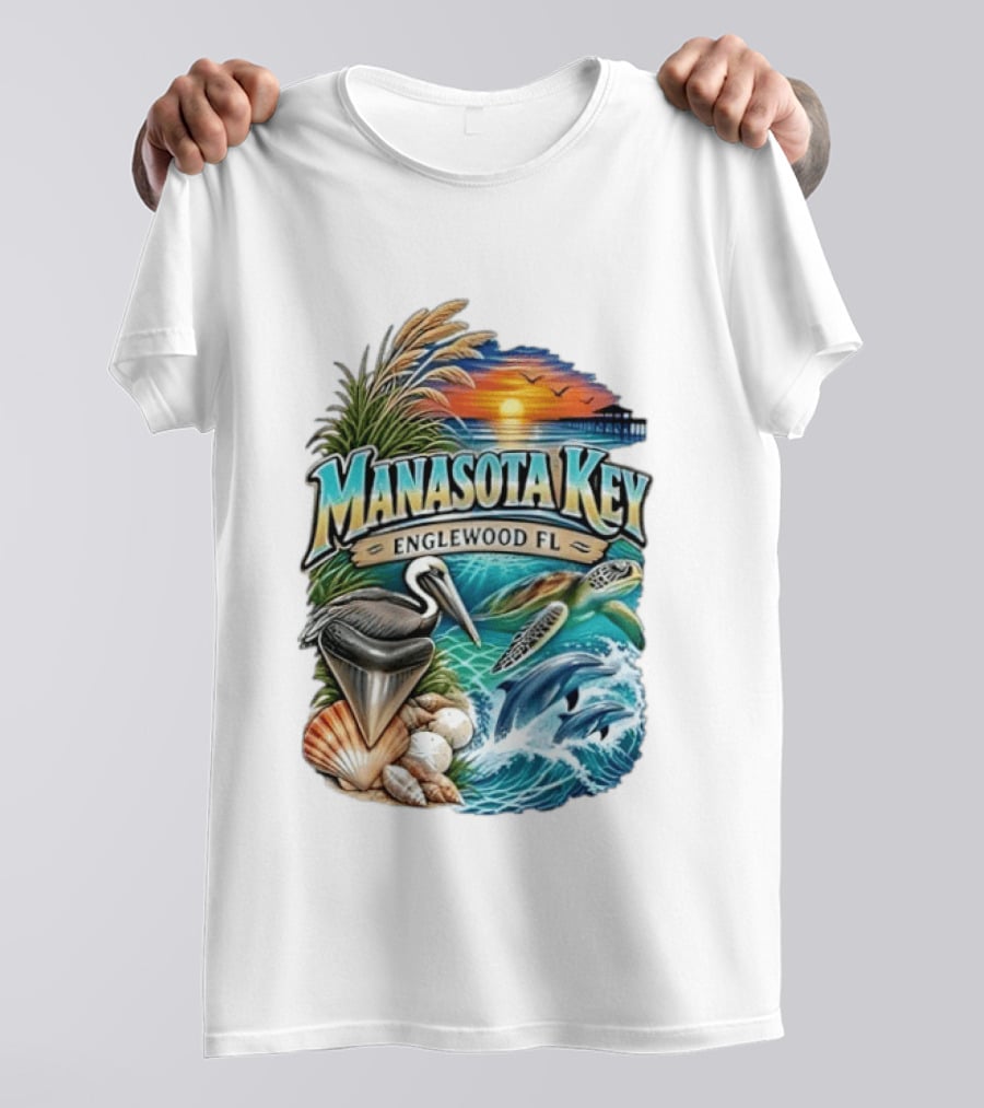 Manasota Key Englewood FL Beach Scene With Pelican Dolphins Shells And Sunset T-Shirt