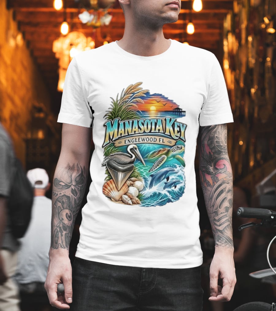 Manasota Key Englewood FL Beach Scene With Pelican Dolphins Shells And Sunset T-Shirt