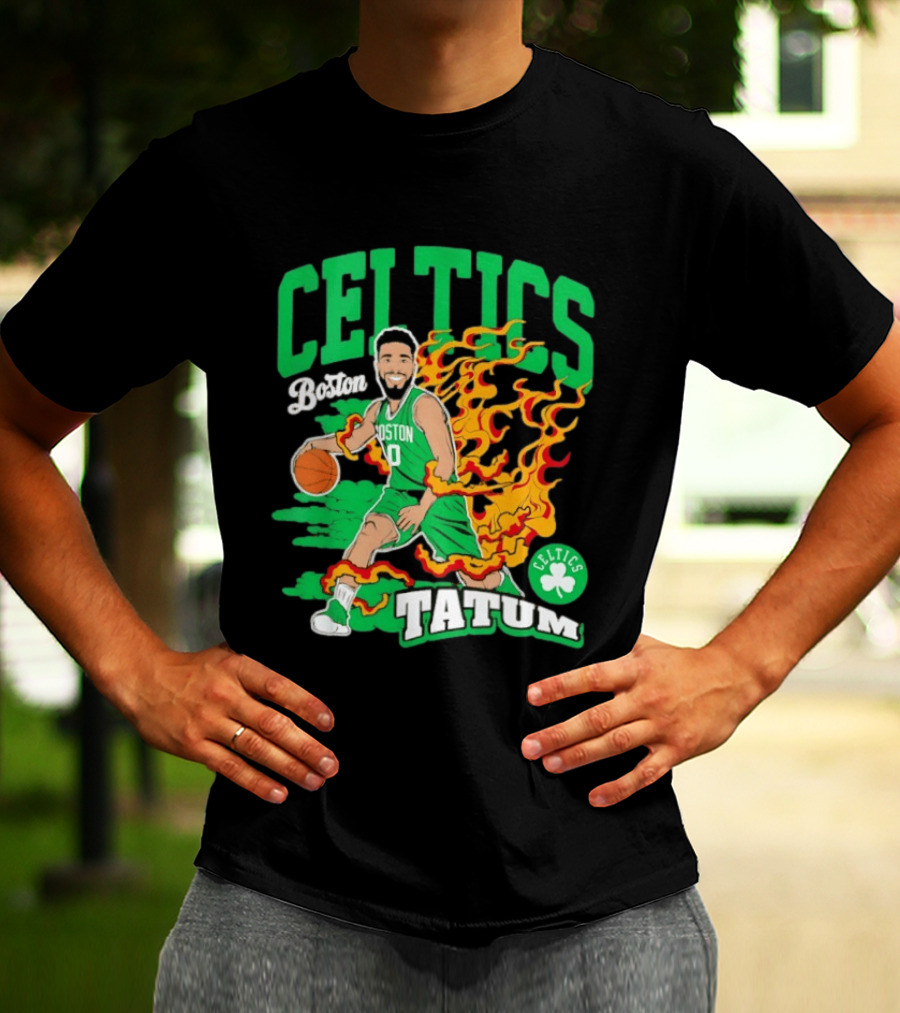Boston Celtics Jayson Tatum Fired Up Basketball Flames T-Shirt