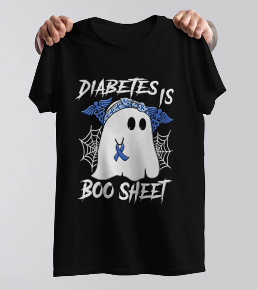 Diabetes IS BOO Sheet Ghost With Blue Ribbon Headband Halloween T-Shirt