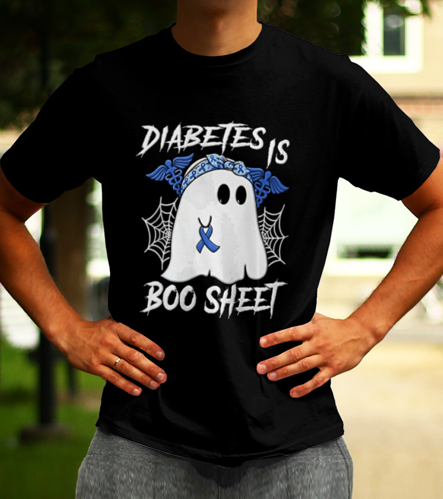 Diabetes IS BOO Sheet Ghost With Blue Ribbon Headband Halloween T-Shirt