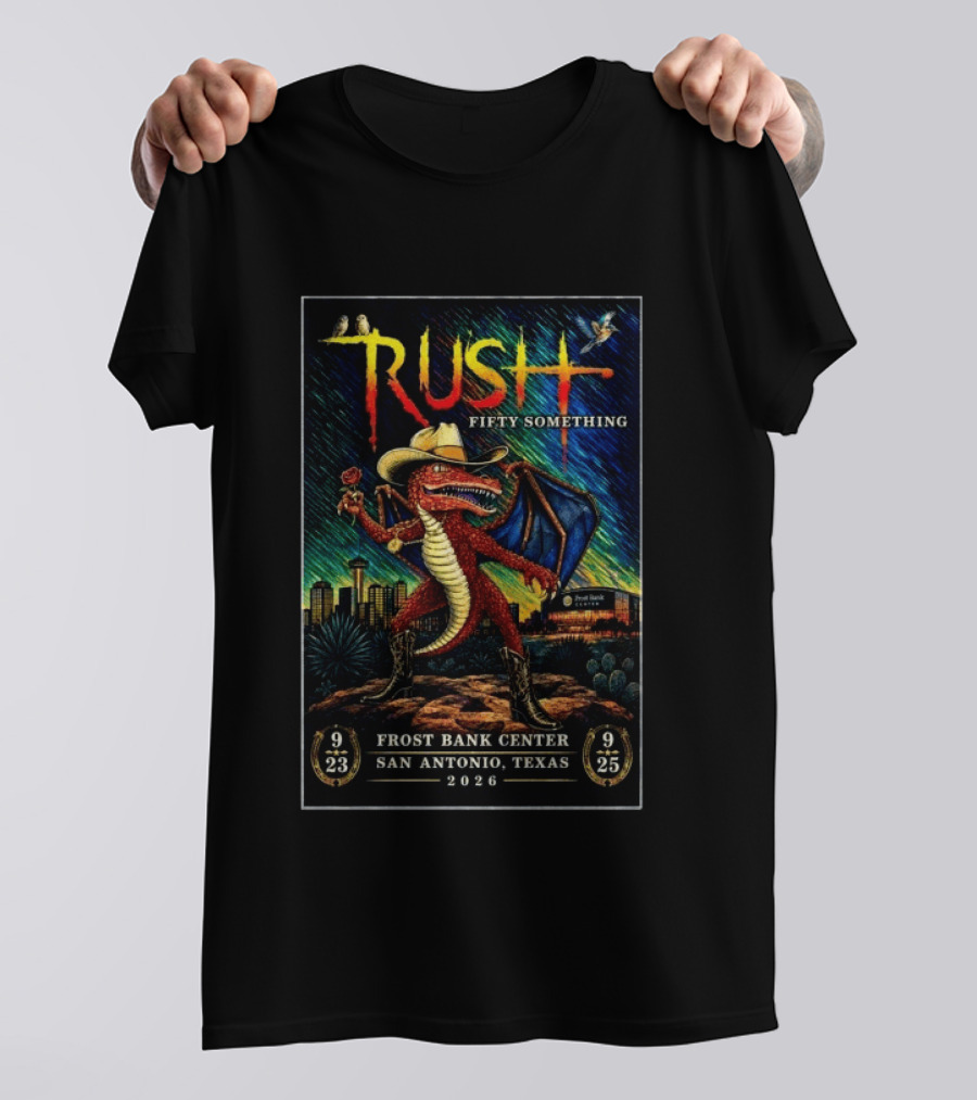 Rush Fifty Something Tour 2026 San Antonio Frost Bank Center Dragon T-Shirt