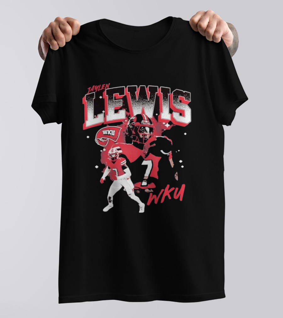 Jaylen Lewis No 7 WKU Football Helmet And Player Action T-Shirt