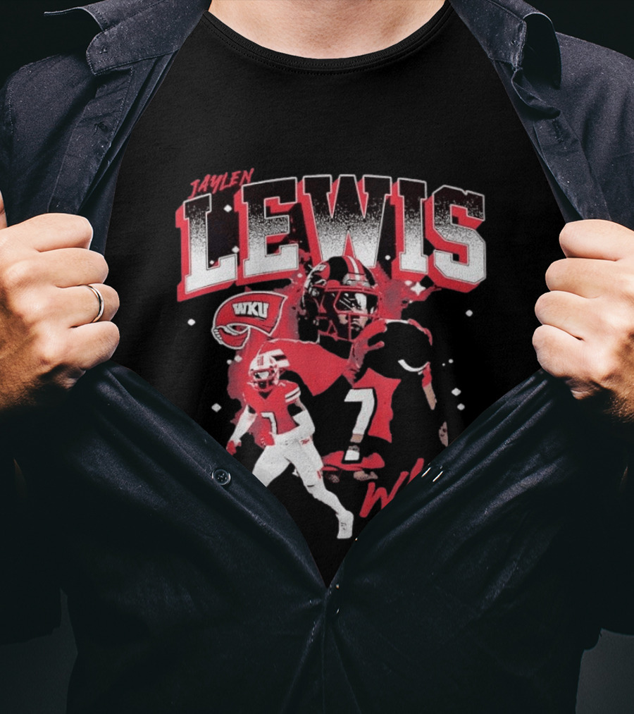 Jaylen Lewis No 7 WKU Football Helmet And Player Action T-Shirt