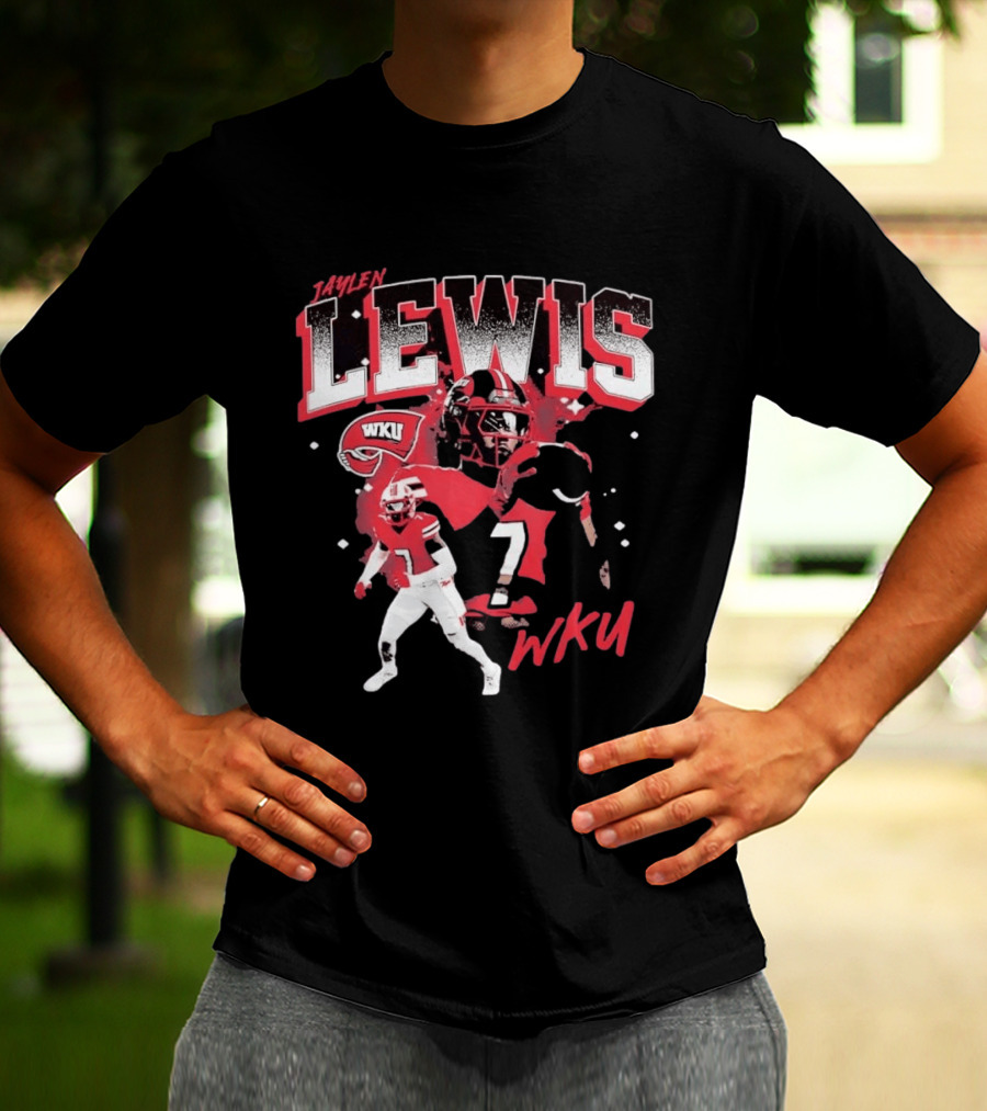 Jaylen Lewis No 7 WKU Football Helmet And Player Action T-Shirt