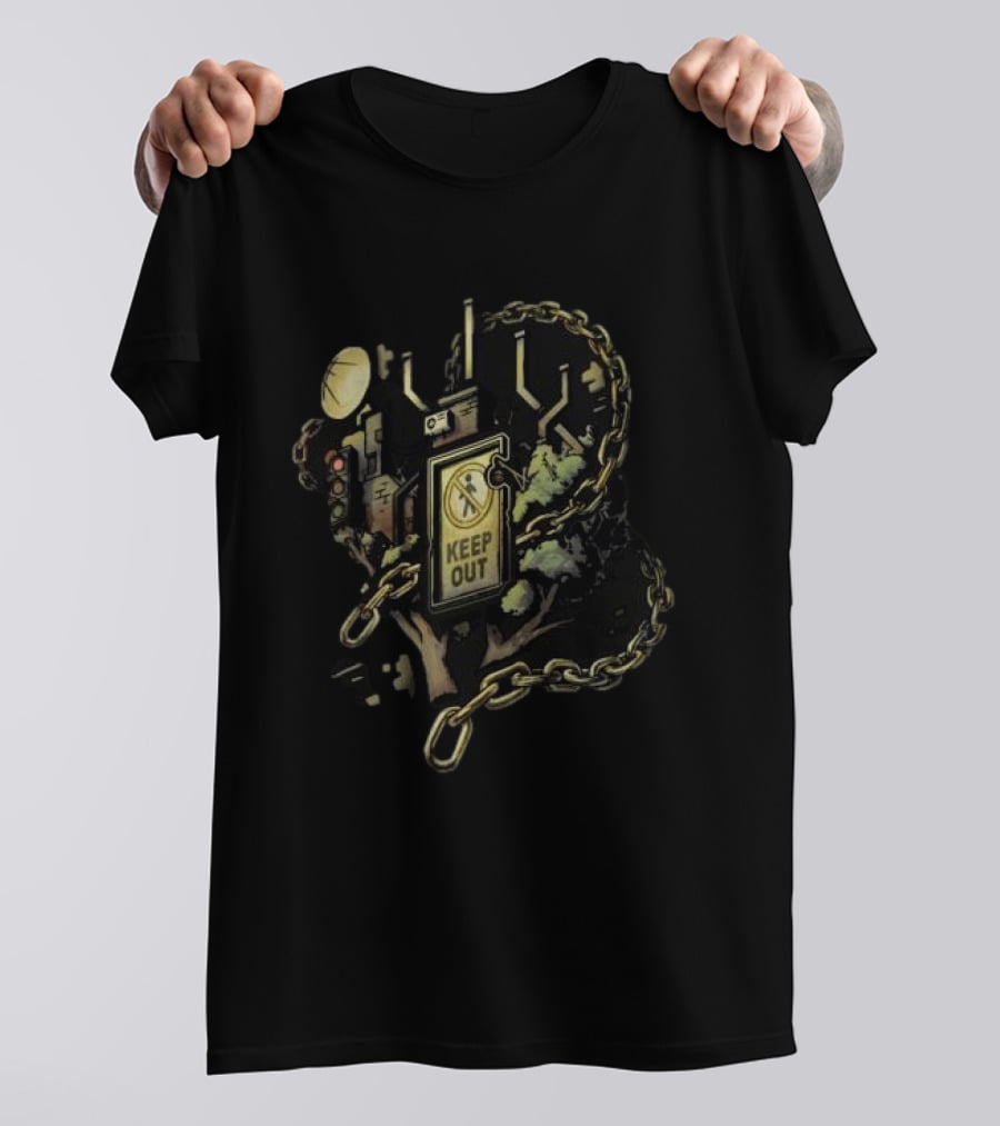 Mindcap Store Heliopolis Keep Out Sign With Chains And Urban Landscape T-Shirt