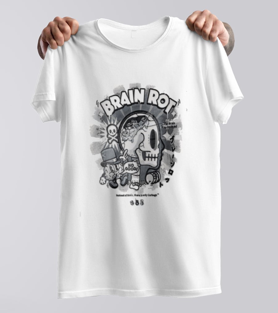 BRAIN ROT Skull Top Hat No Good Text Vintage Cartoon T-Shirt