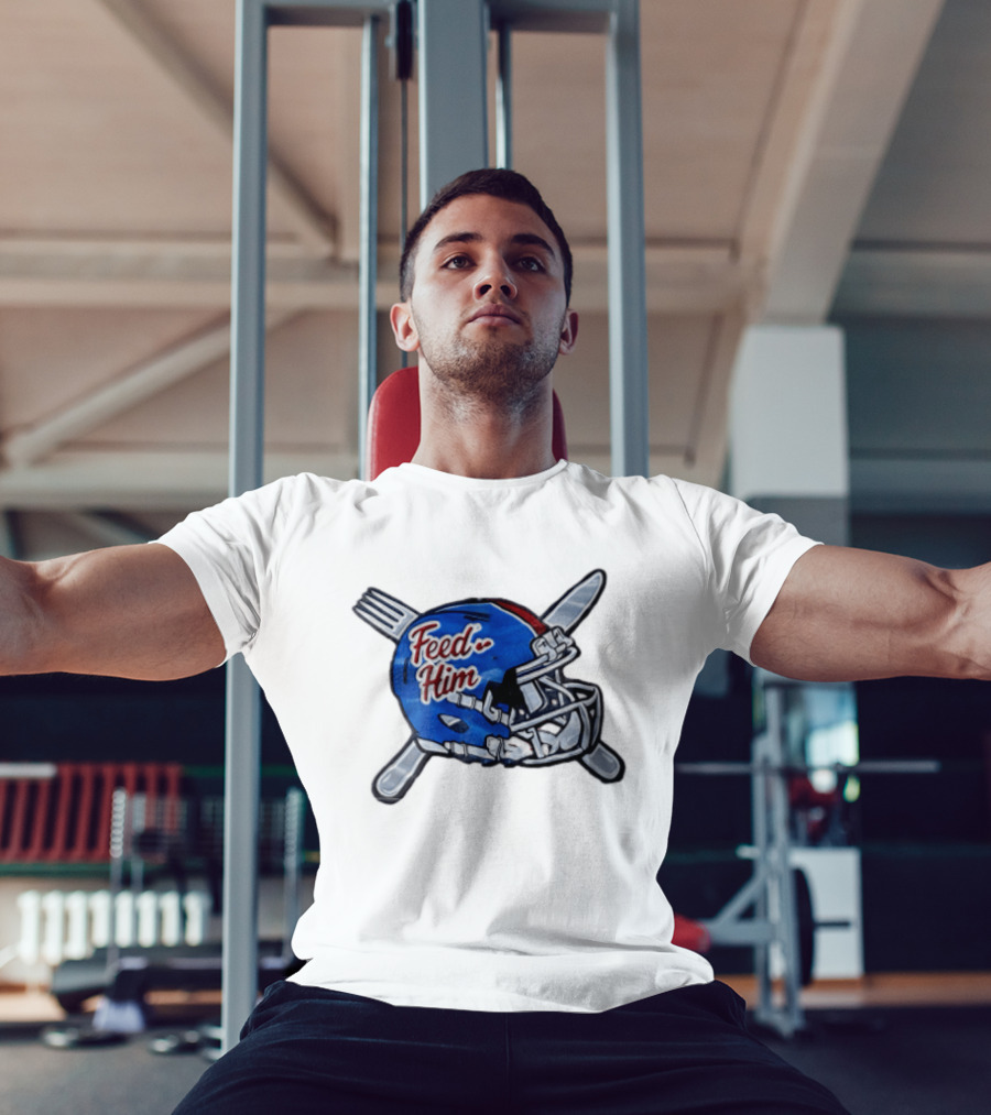 Feed Him Blue Football Helmet Crossed Utensils Fork Knife T-Shirt