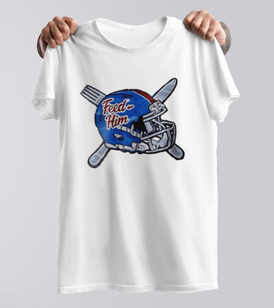 Feed Him Blue Football Helmet Crossed Utensils Fork Knife T-Shirt