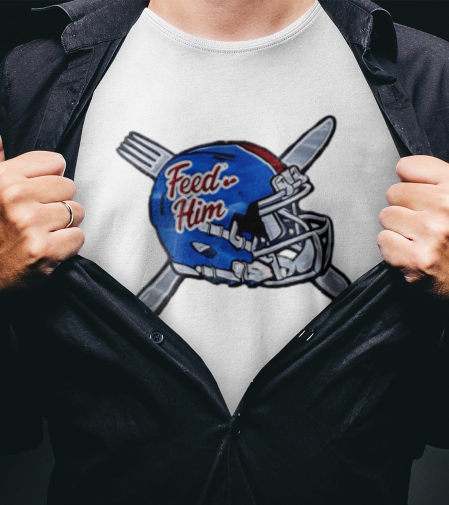 Feed Him Blue Football Helmet Crossed Utensils Fork Knife T-Shirt