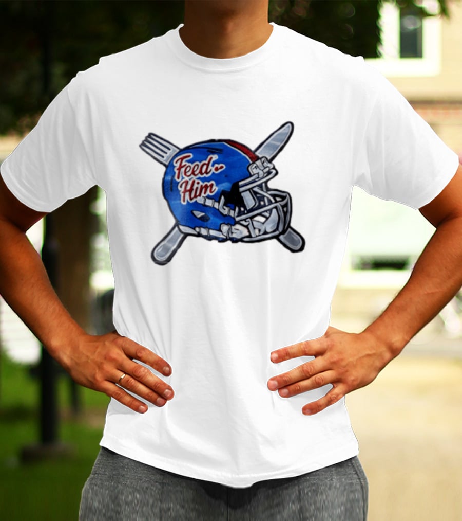 Feed Him Blue Football Helmet Crossed Utensils Fork Knife T-Shirt