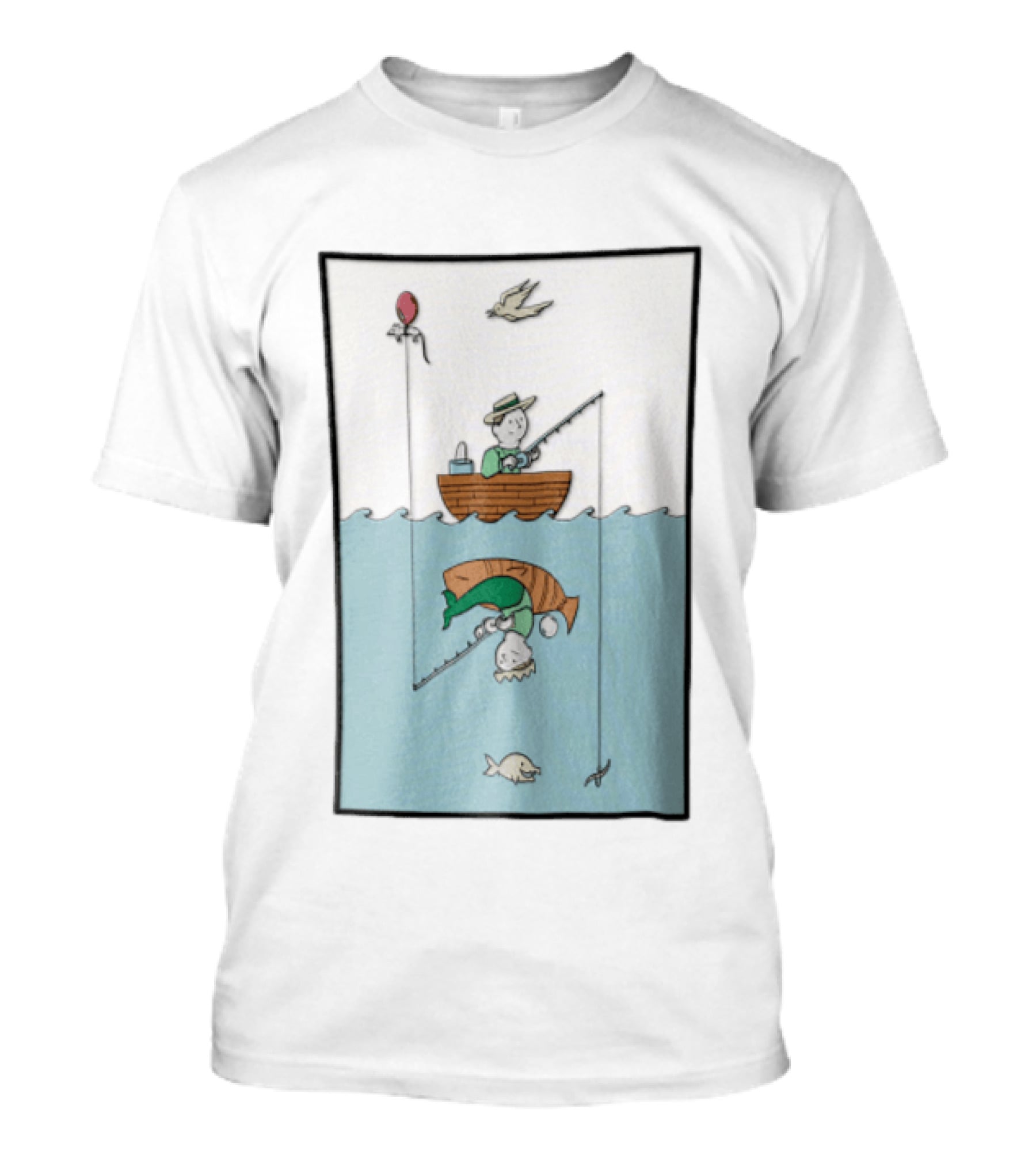Fisherman In Boat Catching Hidden Mermaid With Fishing Line T-Shirt