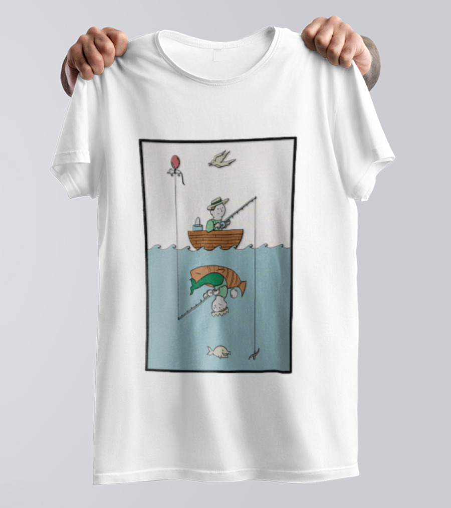 Fisherman In Boat Catching Hidden Mermaid With Fishing Line T-Shirt