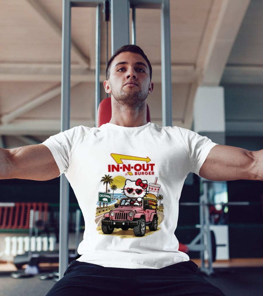 Hello Kitty In Pink Jeep With In N Out Burger California Adventure T-Shirt