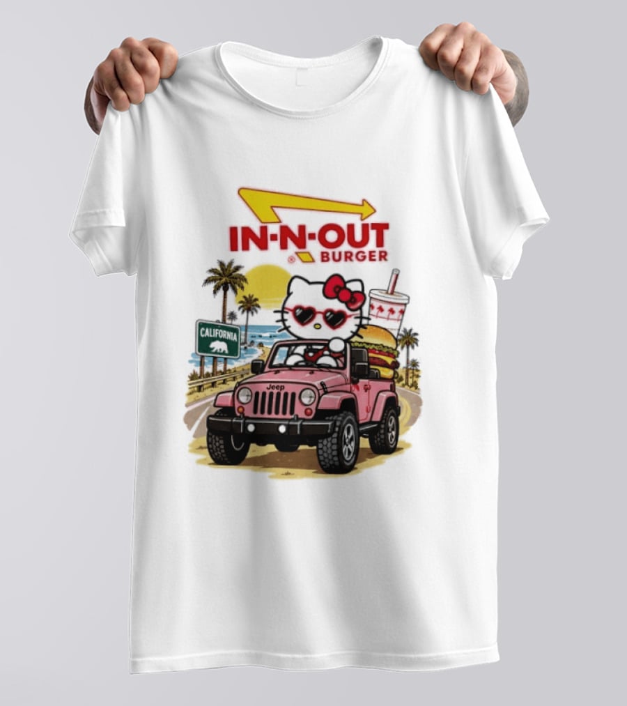 Hello Kitty In Pink Jeep With In N Out Burger California Adventure T-Shirt