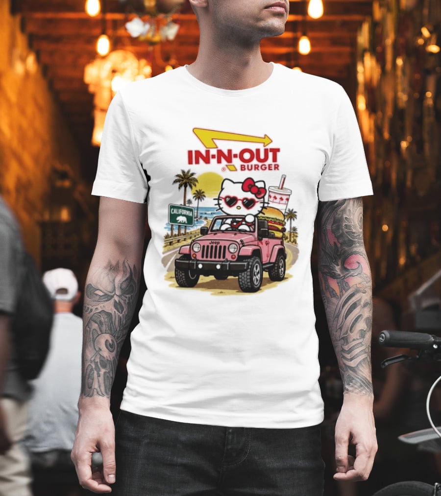 Hello Kitty In Pink Jeep With In N Out Burger California Adventure T-Shirt