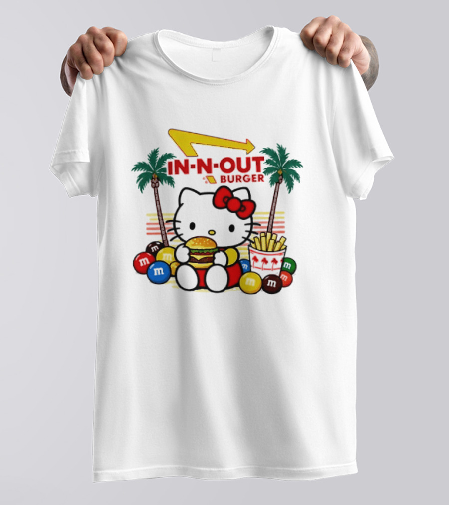 Hello Kitty Enjoying In N Out Burger Surrounded By M&Ms And Fries T-Shirt