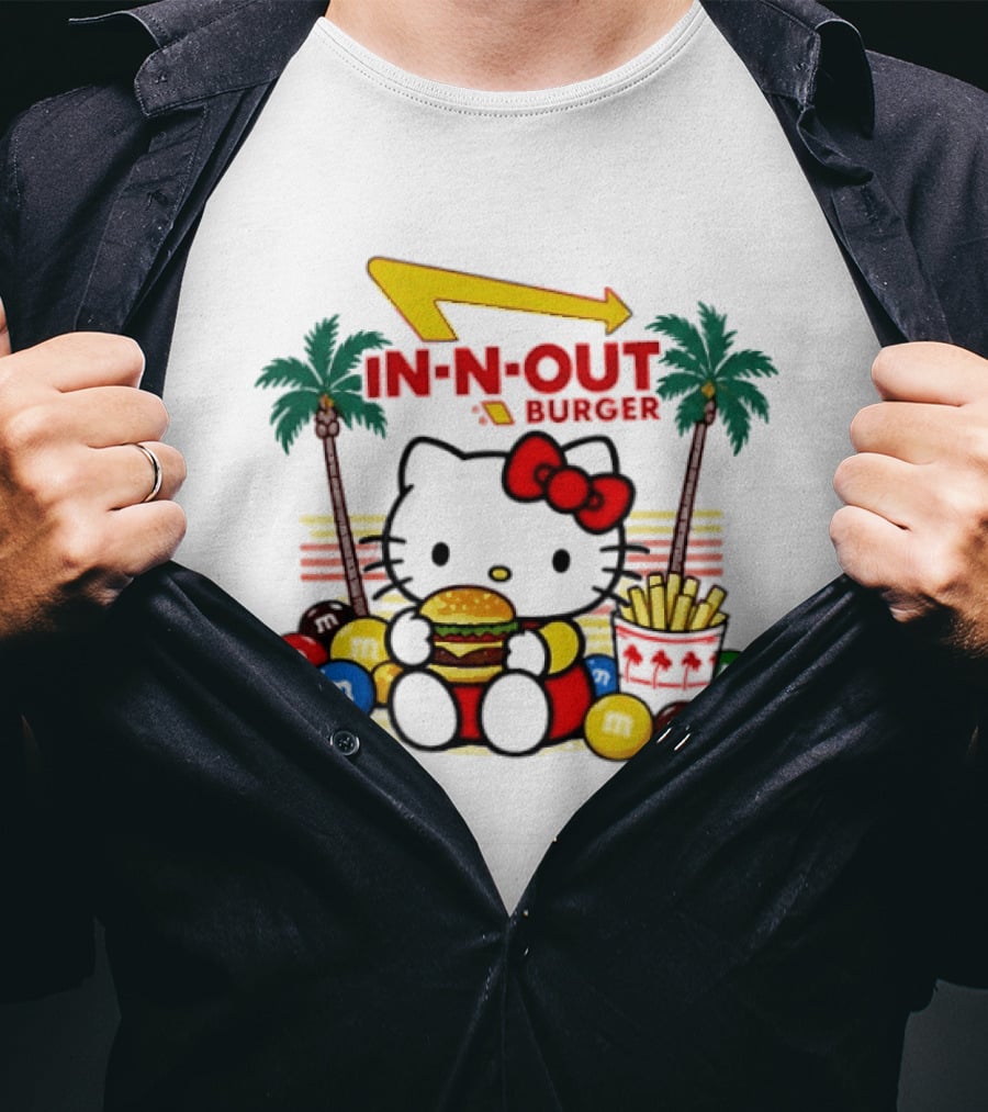 Hello Kitty Enjoying In N Out Burger Surrounded By M&Ms And Fries T-Shirt