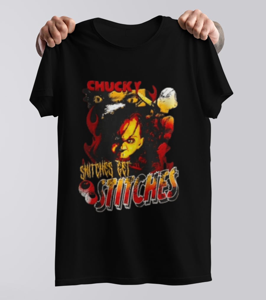 Chucky Snitches Get Stitches Horror Doll With Knife And Eyeballs T-Shirt