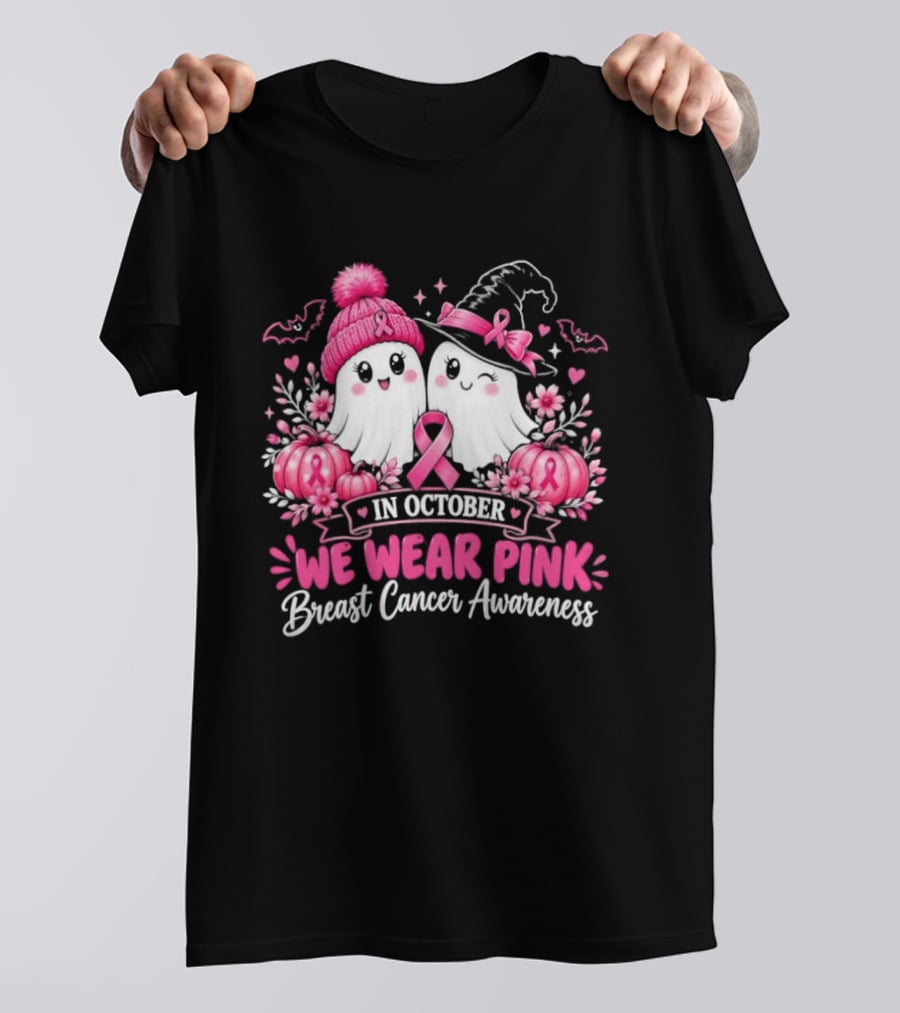 In October We Wear Pink Breast Cancer Awareness Ghost Pumpkin Witch T-Shirt