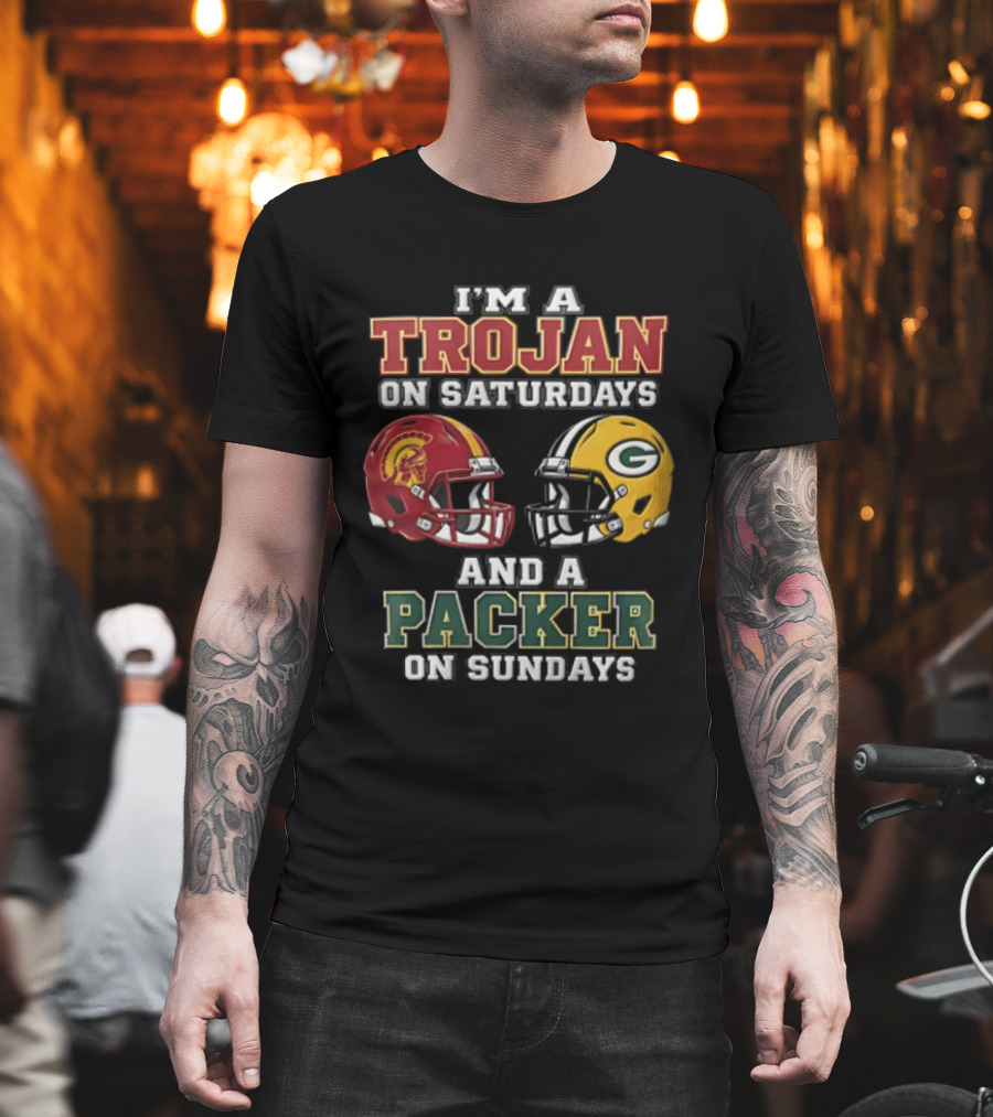 I'm A Trojan On Saturdays Packer On Sundays Football Helmets T-Shirt