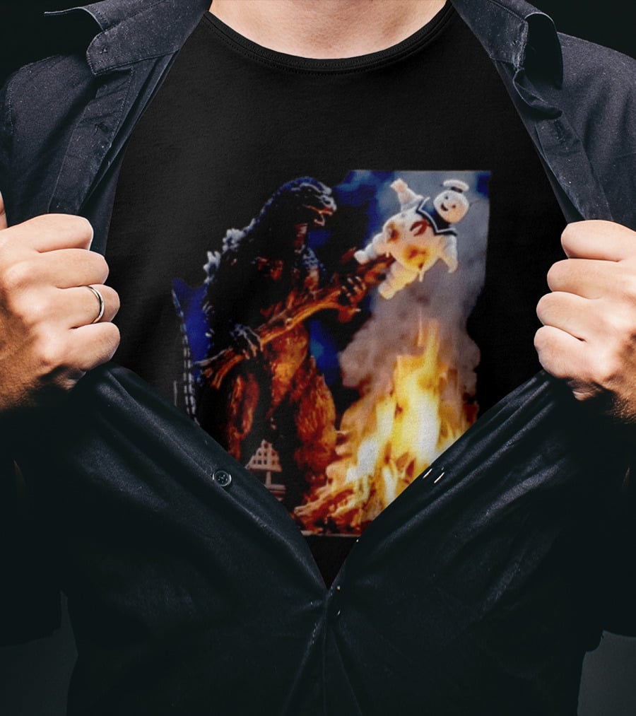 Kaiju Campfire Godzilla Holding Stay Puft Marshmallow Man T-Shirt