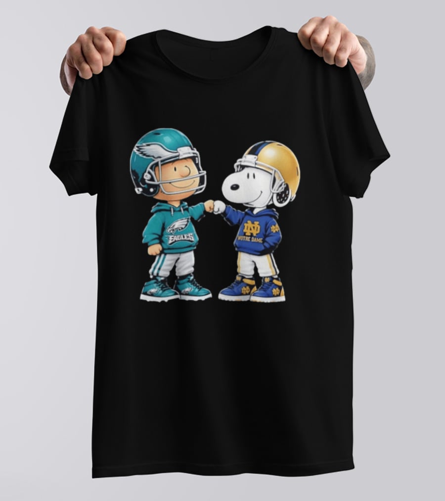 Peanuts Characters In Philadelphia Eagles Vs Notre Dame Fighting Irish Helmets T-Shirt