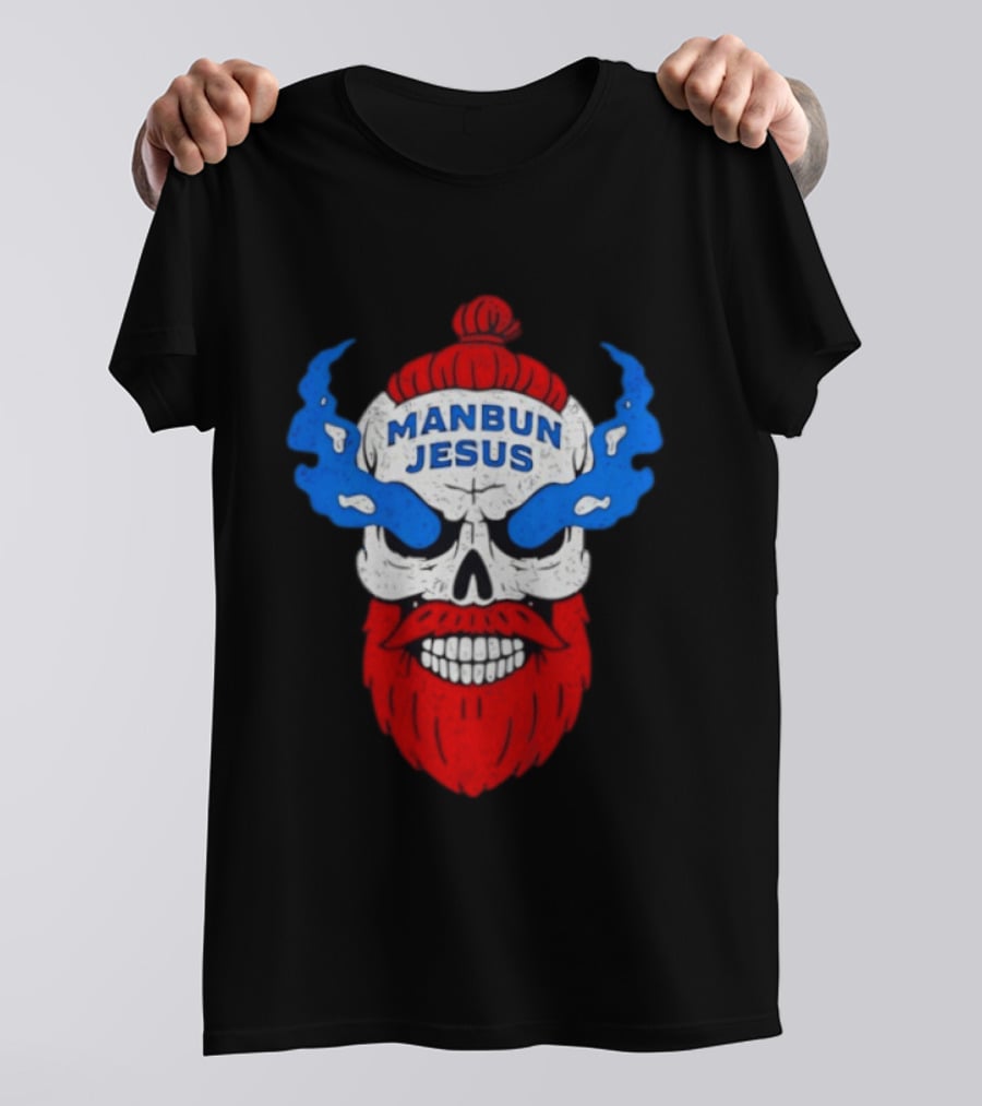 Manbun Jesus Skull Flame Beard Retro Stone Man Cold Bun T-Shirt